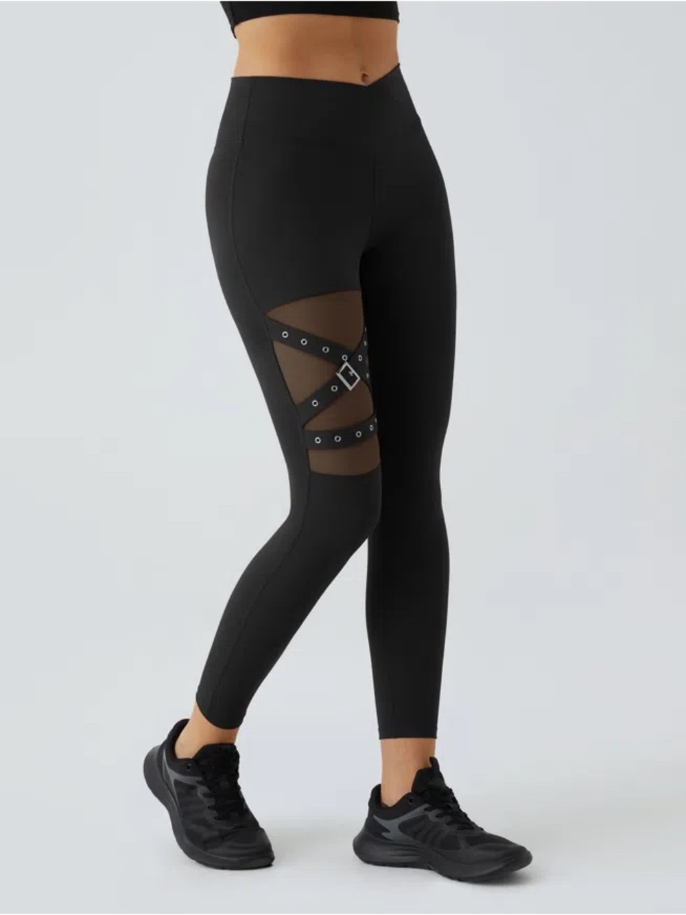 New Halara High-Waist Black Mesh Panel Leggings with Strap Detail. Size Small